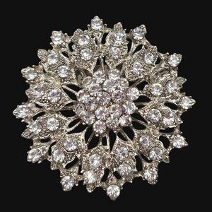 Vintage Rhinestone Snowflake Pin Brooch Silver Tone 2 Inch Diameter
